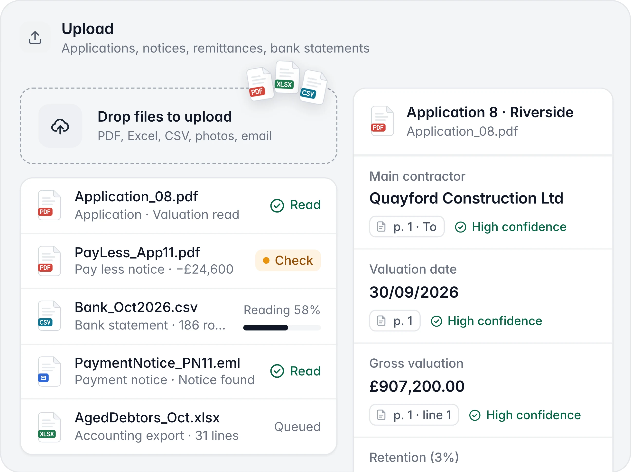 Upload screen: an application, a pay less notice flagged at £24,600 less, a bank statement and a payment notice being read, beside the fields read from Application 8