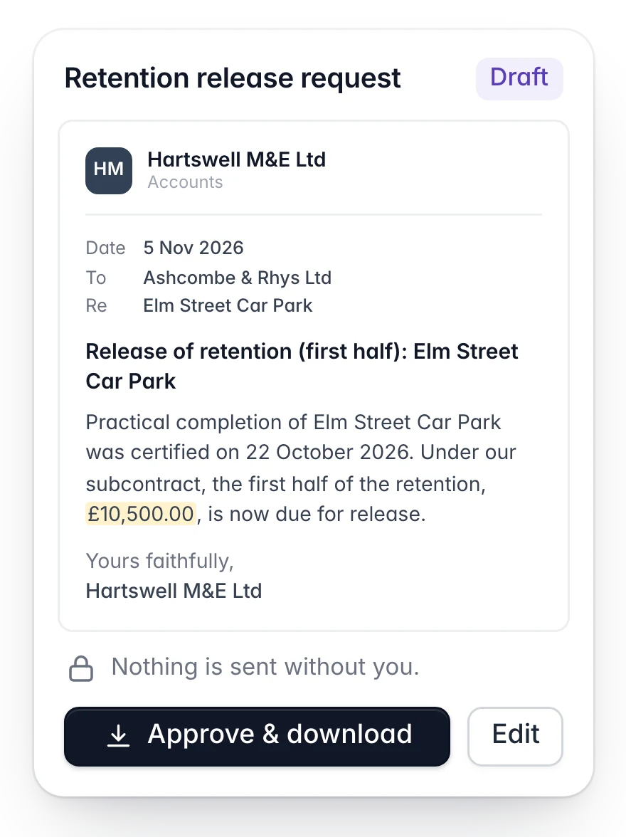 Draft retention release request to Ashcombe & Rhys Ltd for £10,500.00, the first half, with Approve & download and the note that nothing is sent without you