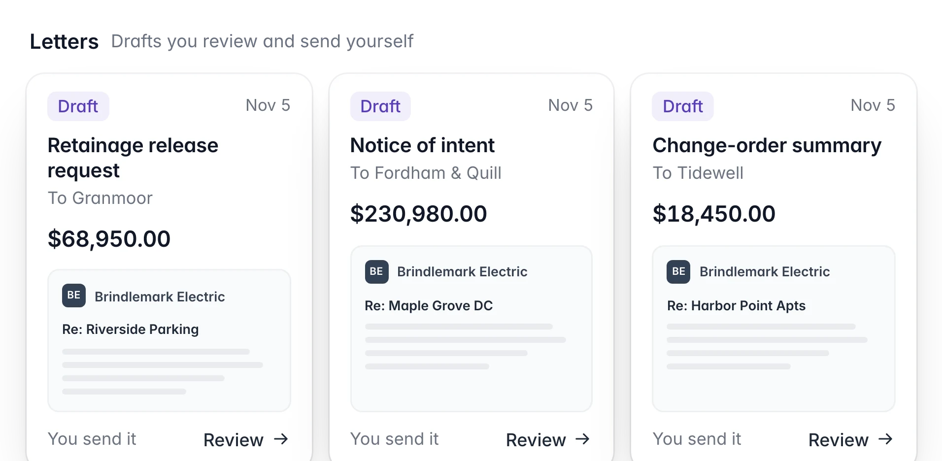 Three letter drafts: retainage release request, notice of intent and change-order summary, each with recipient and amount