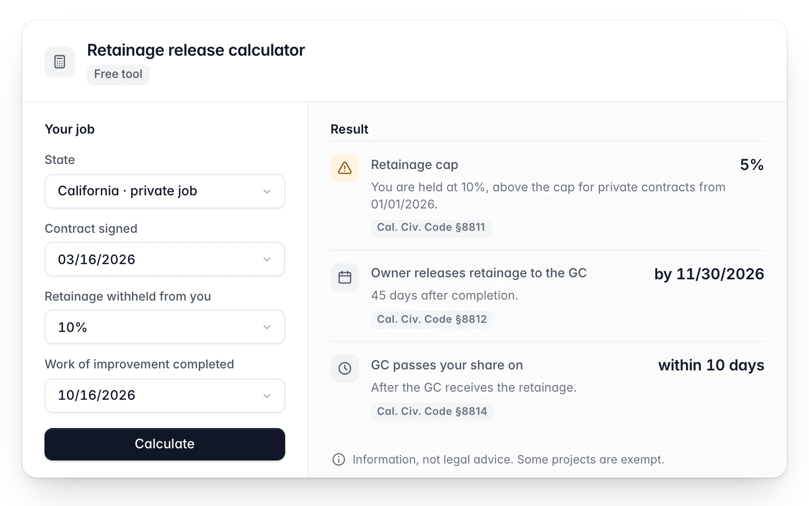 Free retainage release calculator for a private California job: a 5% retainage cap and the release timing, each with its Civil Code section